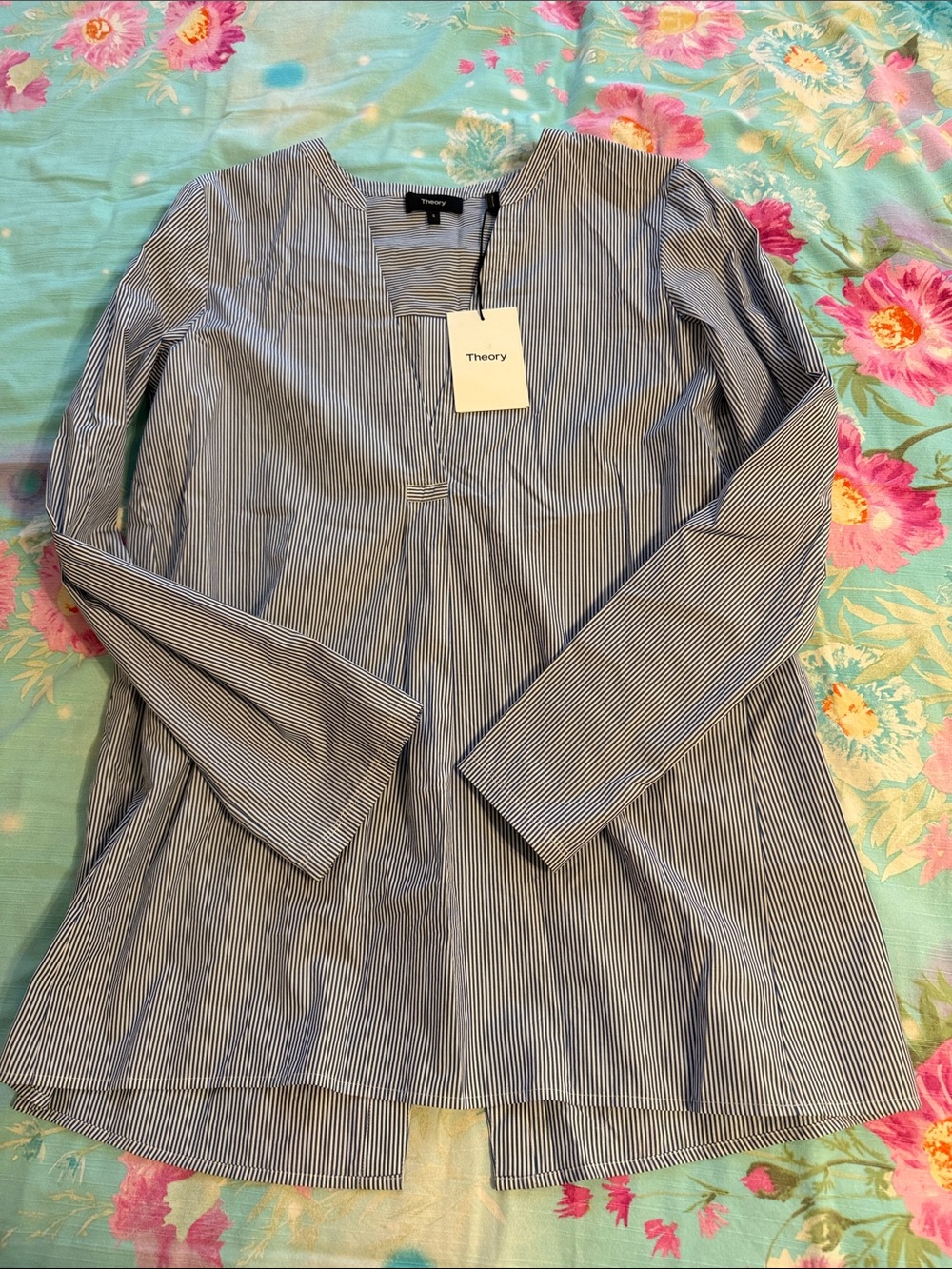 Theory Blue and White Pinstripe Lightweight Tunic Jacket